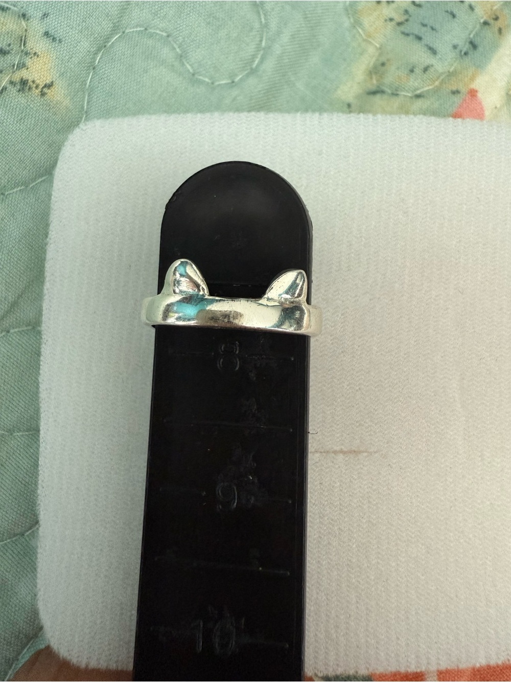 Silver Cat Ear Ring - Small Cat-Themed Jewelry and hands size 8